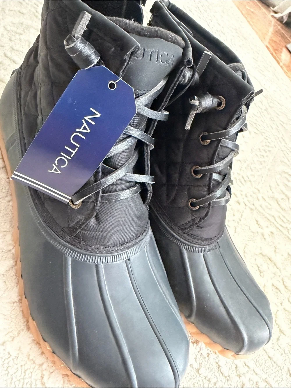 Nautica Black Lace-Up Duck Boots with Gum Outsole
